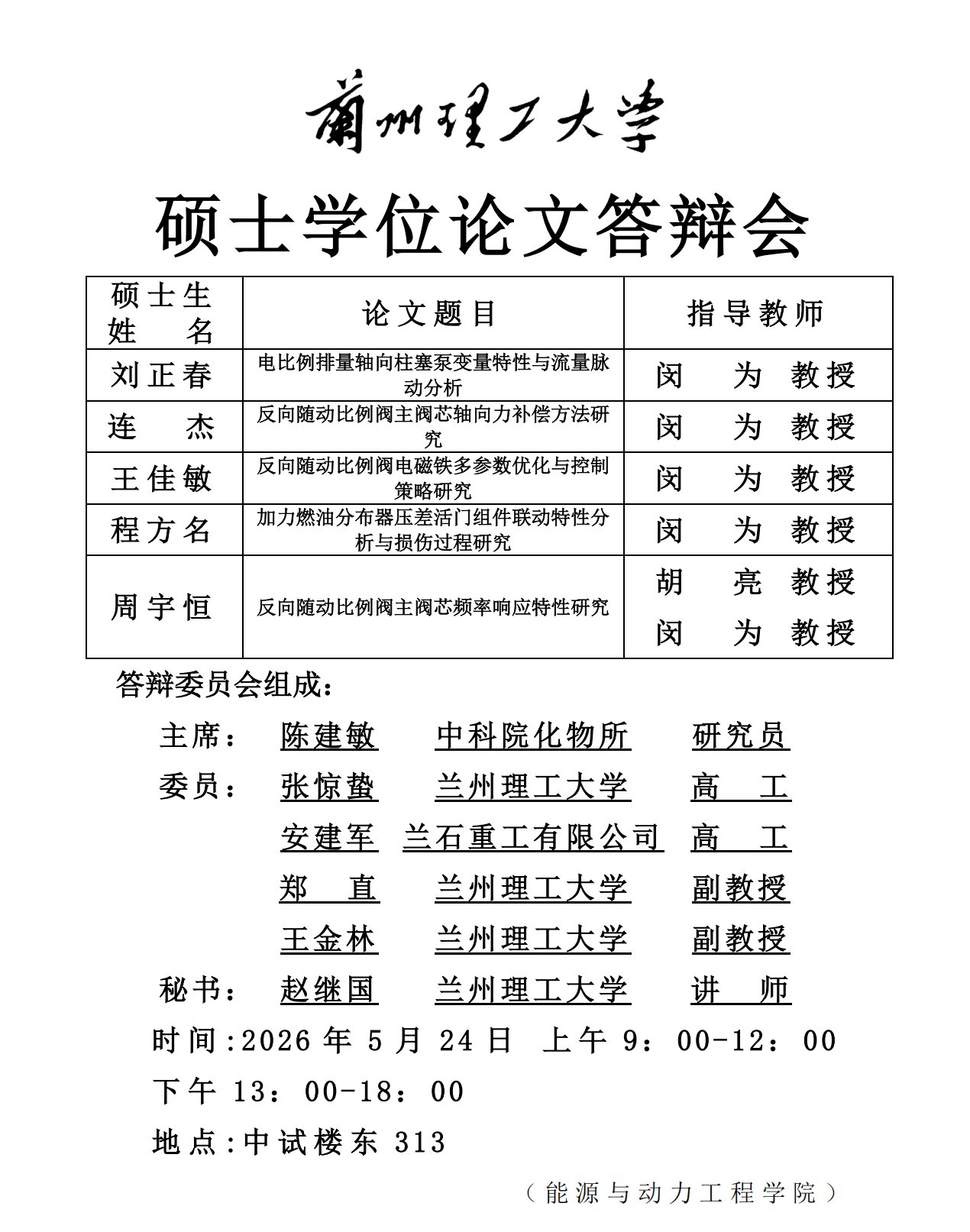 硕士学位论文答辩会海报（导师闵为/胡亮/郑直/王金林）